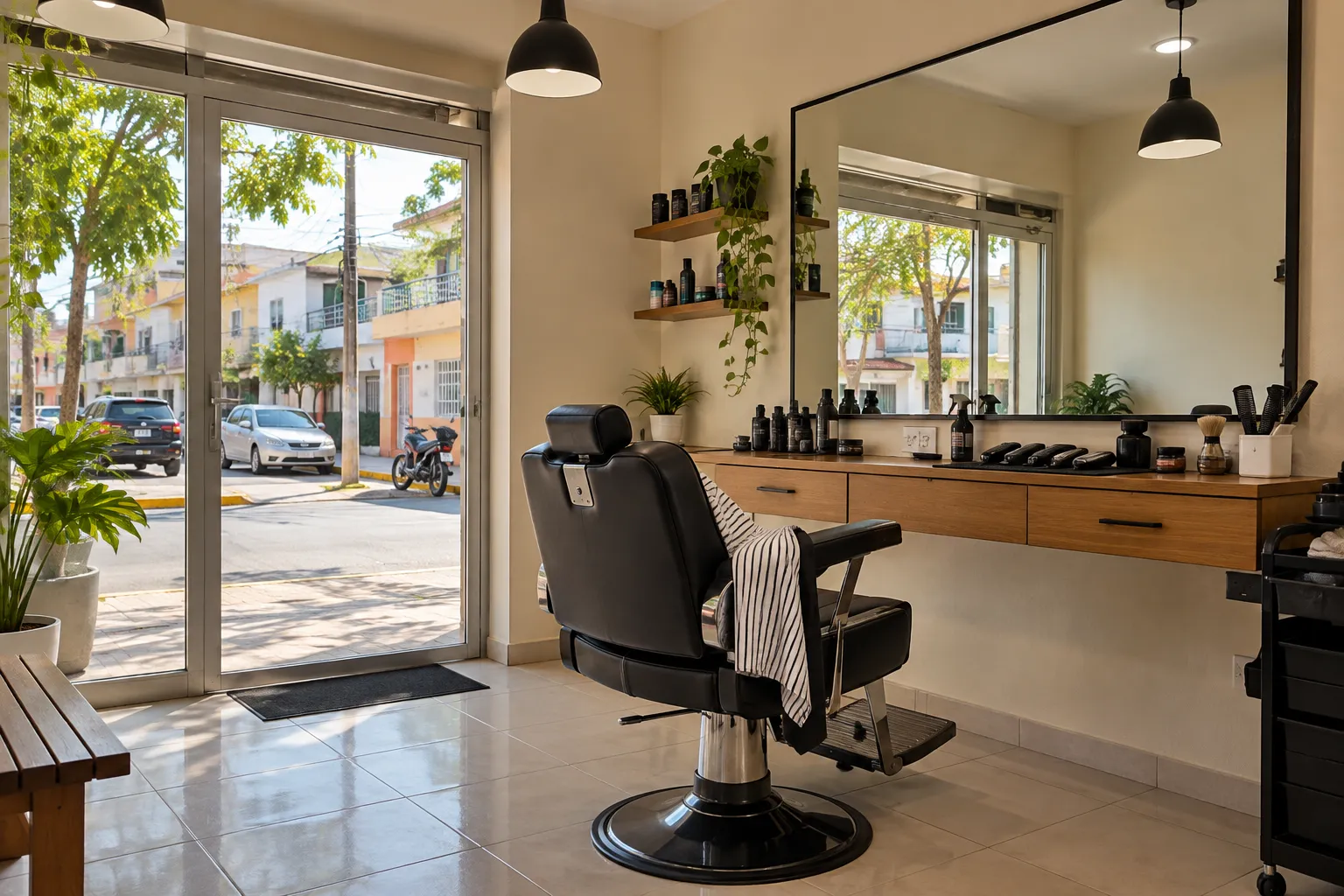 Concepto de barbería de barrio con sillón negro, espejo y luz natural