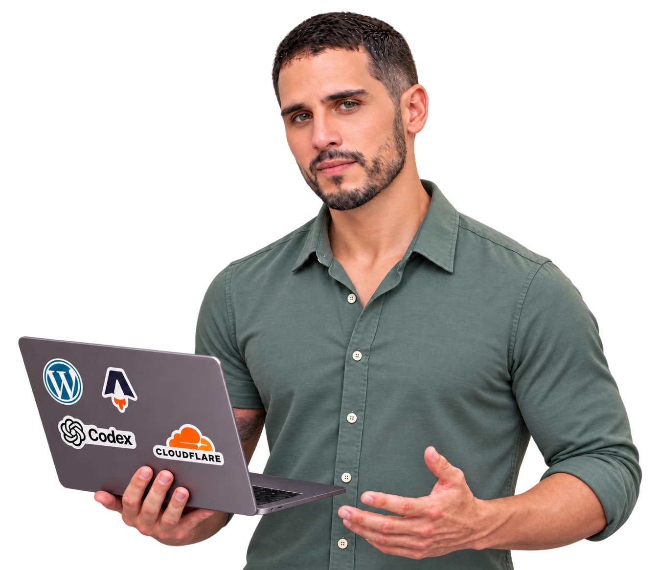 Julián, diseñador y desarrollador web, sosteniendo un portátil